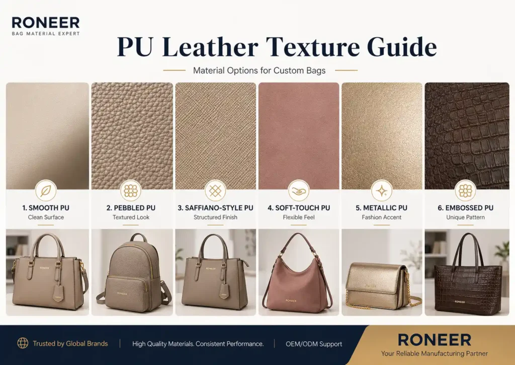 Different PU leather textures for bags including smooth pebbled saffiano soft touch metallic and embossed PU