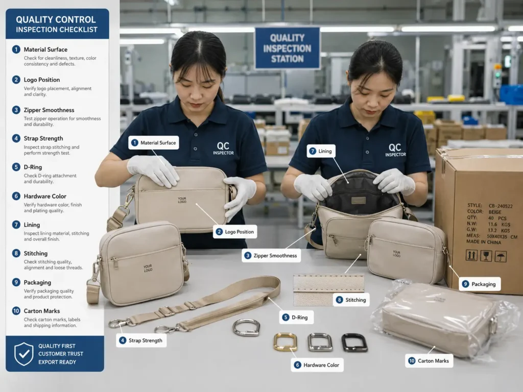 quality control inspection for custom crossbody bags
