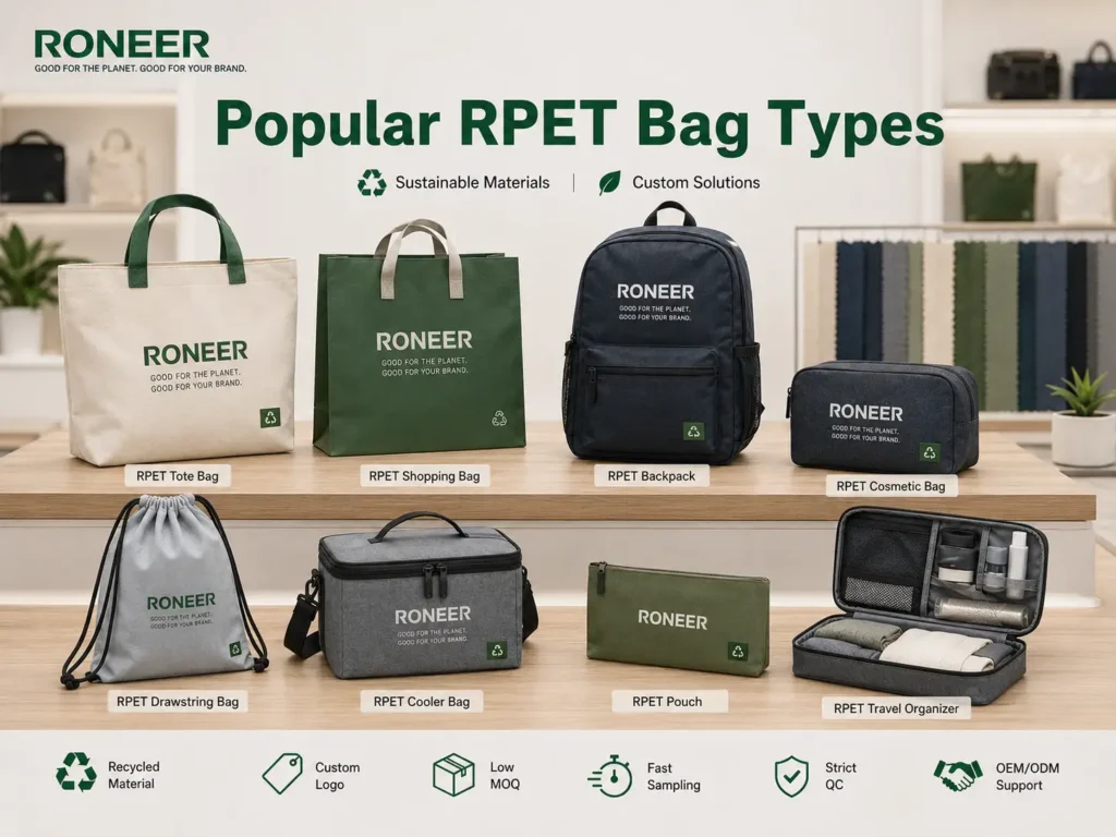 RPET bags used in tote bags shopping bags backpacks cosmetic bags drawstring bags cooler bags and pouches