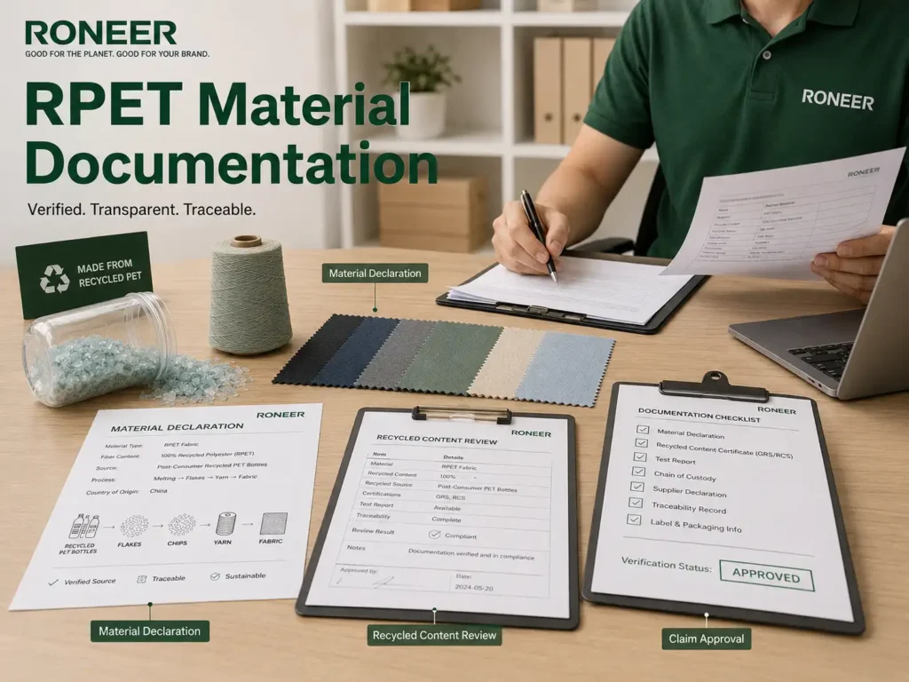 RPET bags documentation check including recycled content declaration material sheet and supplier documents