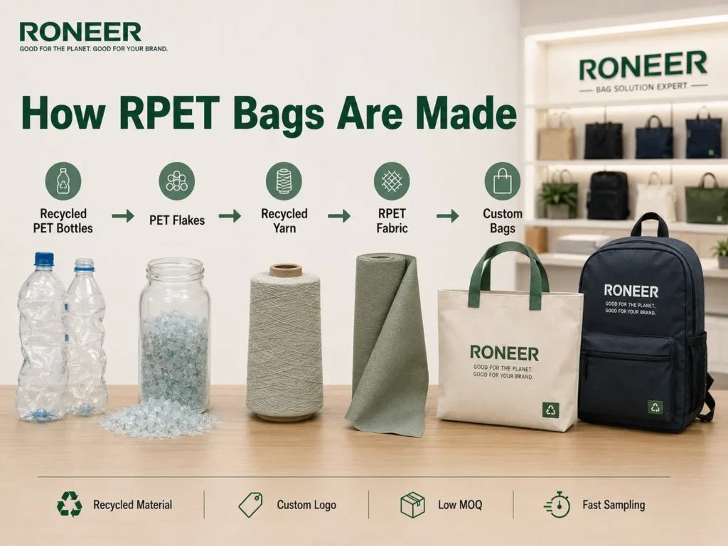 RPET bags material process from recycled PET bottles to yarn fabric and custom bags