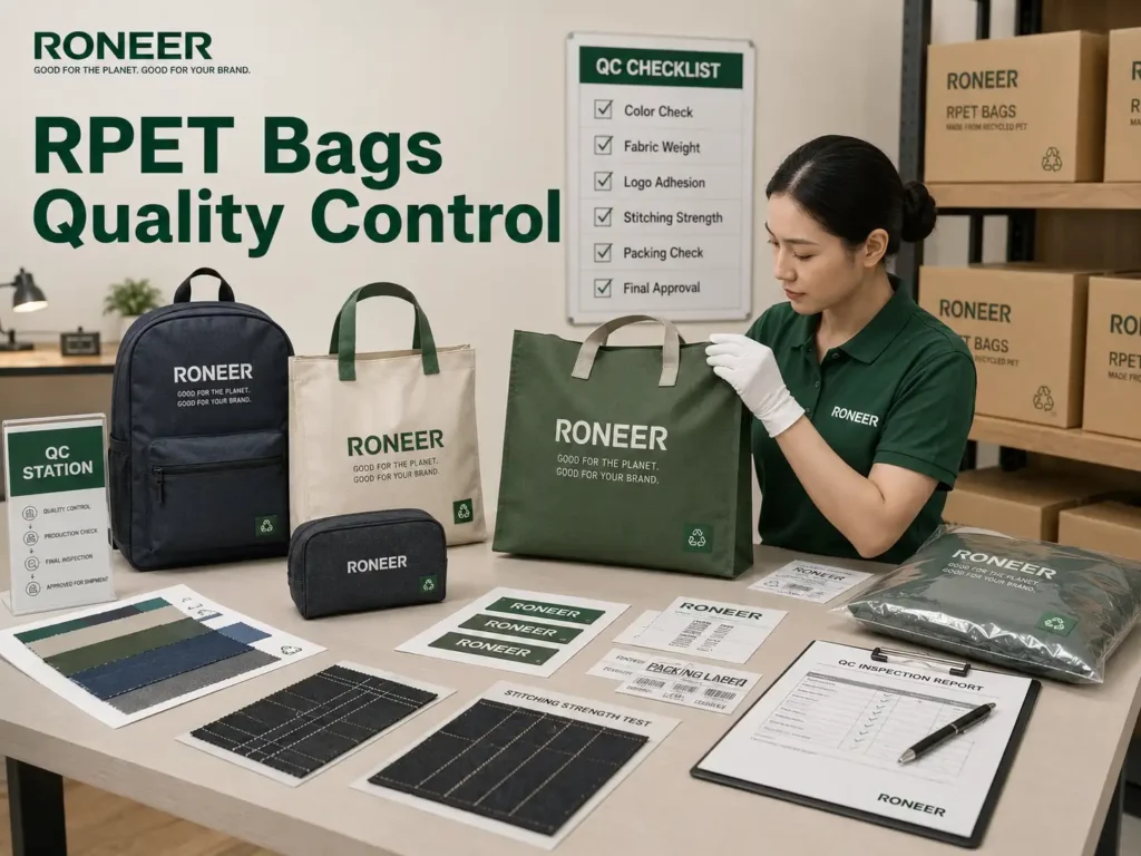 RPET bags quality control checking fabric weight logo adhesion stitching strength and packing