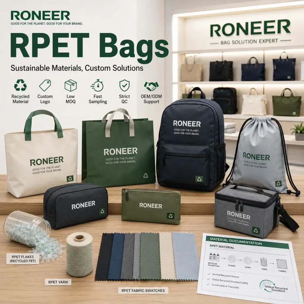 RPET bags showing recycled polyester tote bags backpacks cosmetic bags and RPET fabric swatches