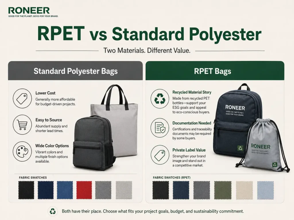 RPET bags compared with standard polyester bags for custom bag manufacturing