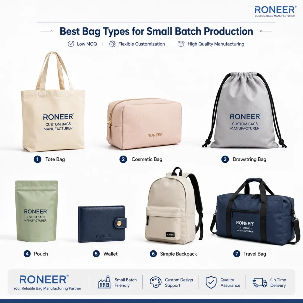 Bag types suitable for small batch bag production including tote bags pouches wallets and backpacks