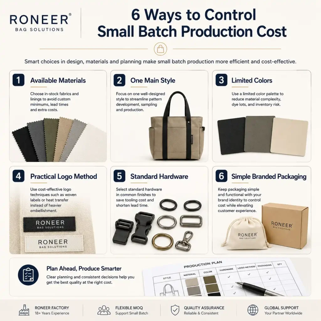 How to reduce small batch bag production cost with available materials practical logo and simple packaging