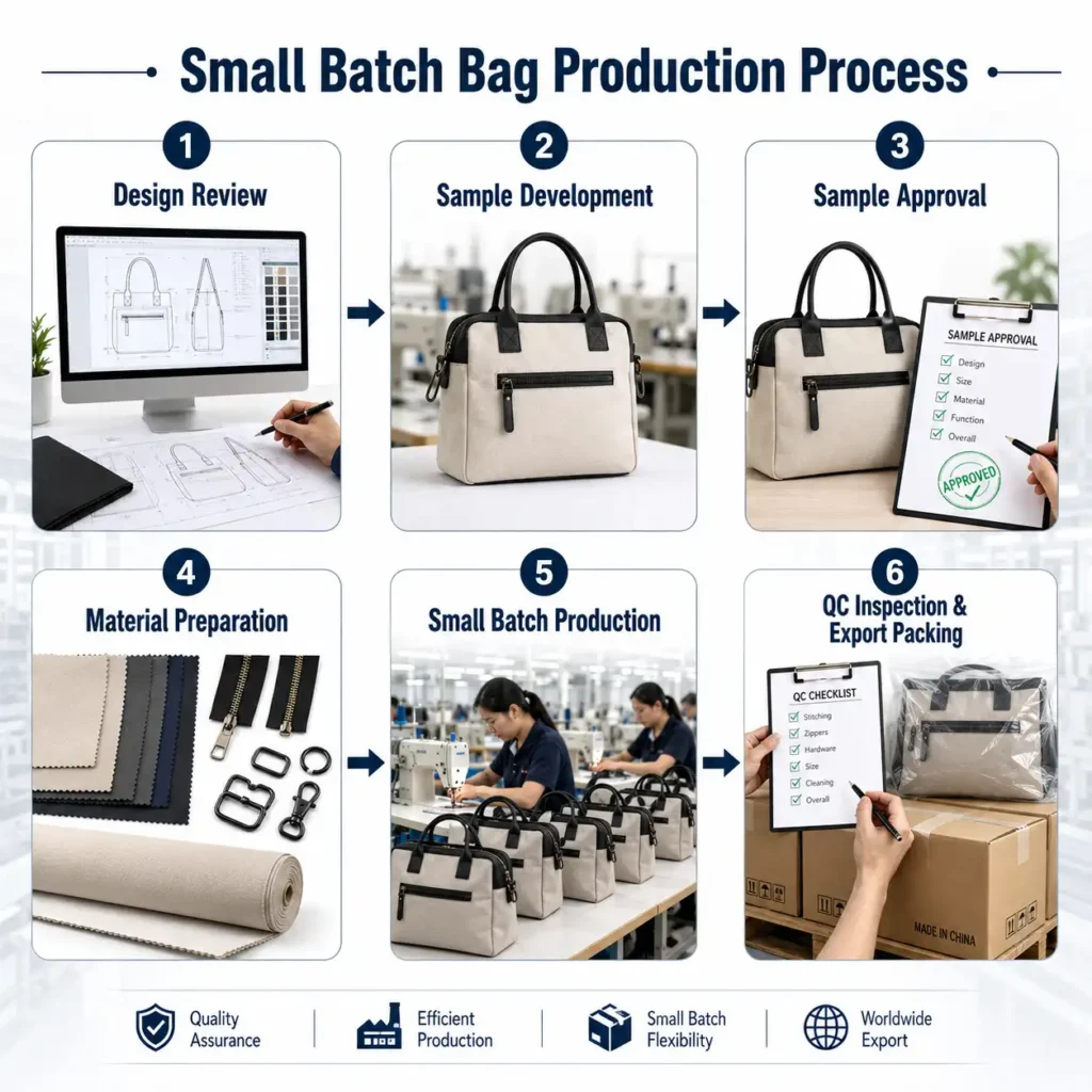 Small batch bag production process from sample approval to QC inspection and export packing