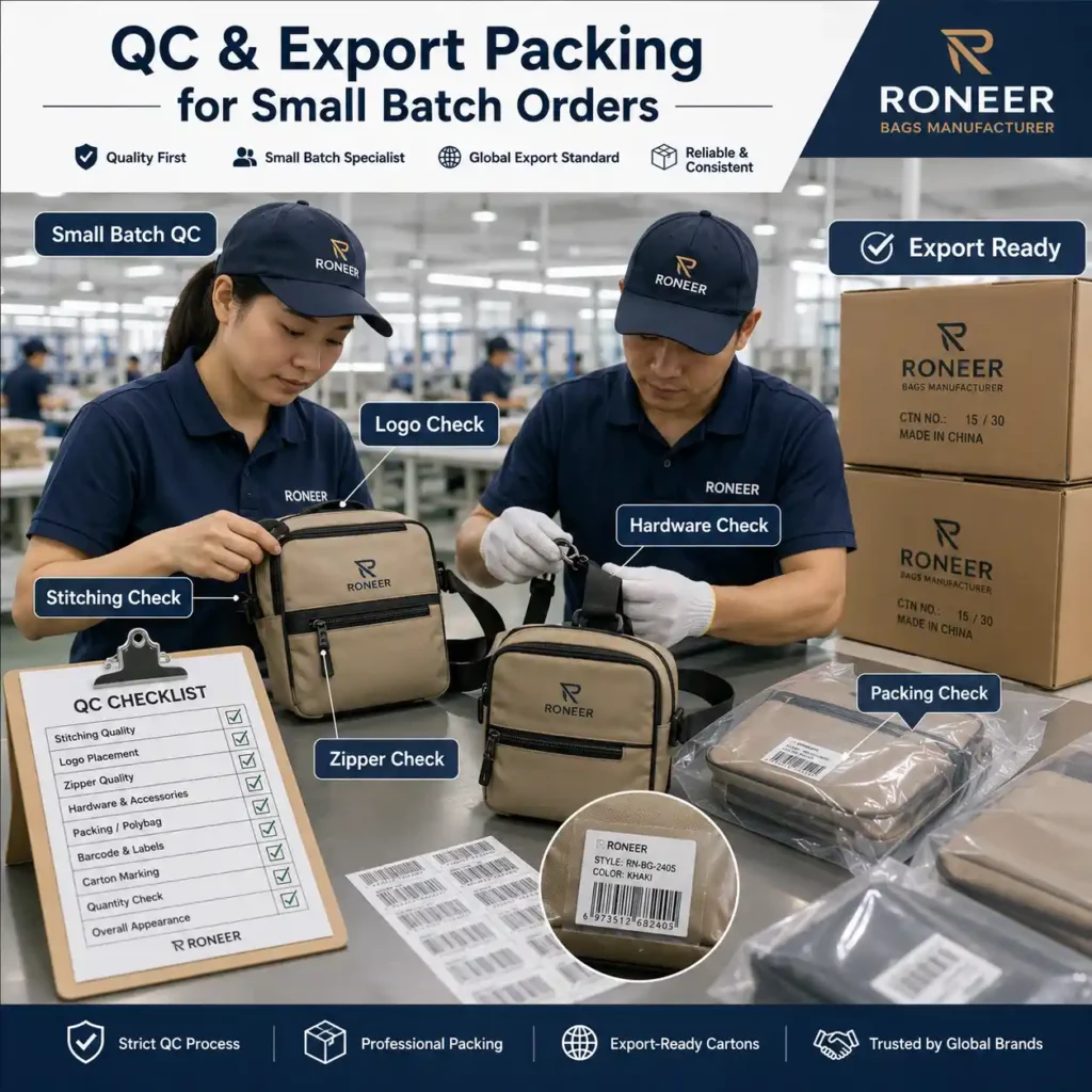 Small batch bag production QC inspection and export packing for private label orders