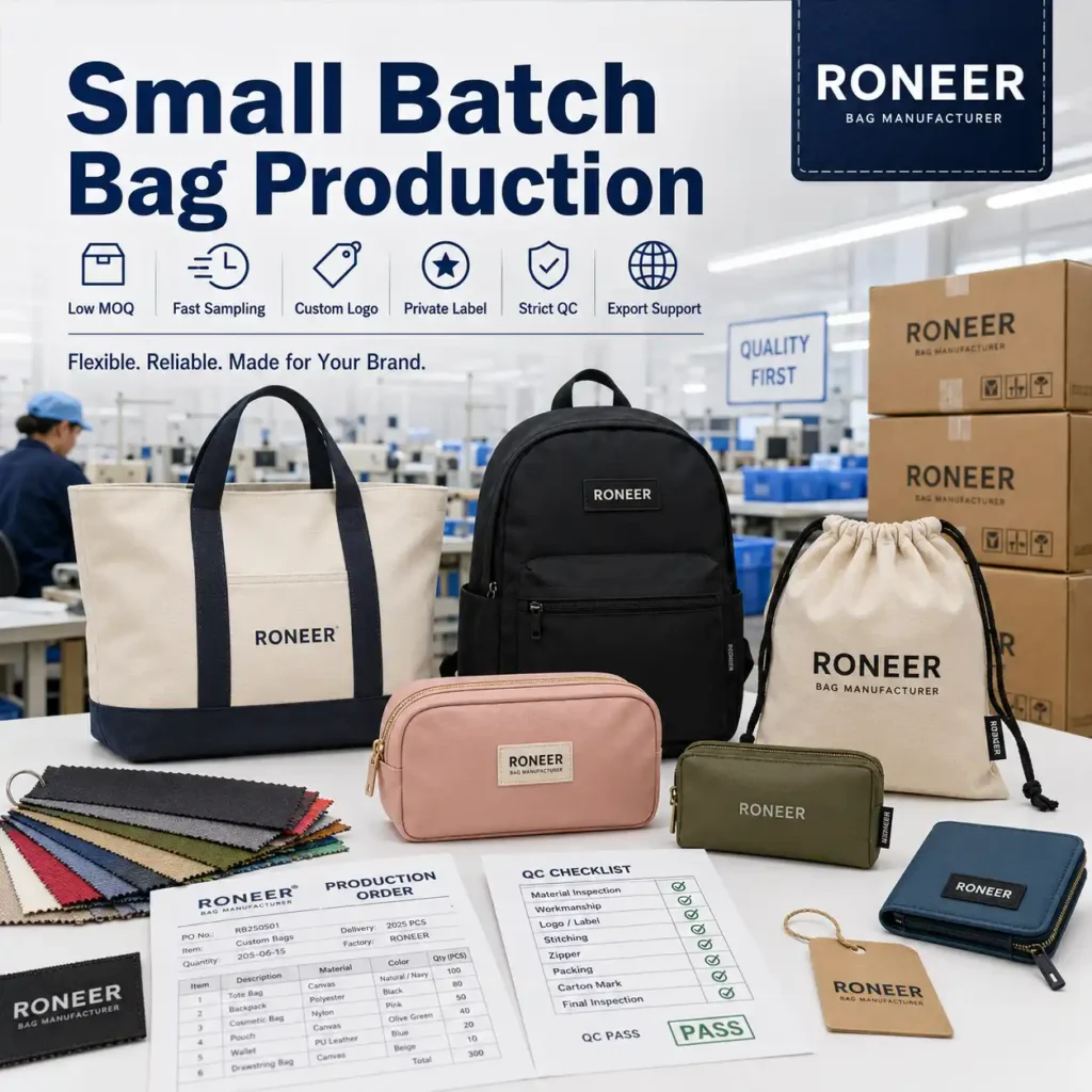 Small batch bag production for OEM ODM buyers with low MOQ custom logo and QC support