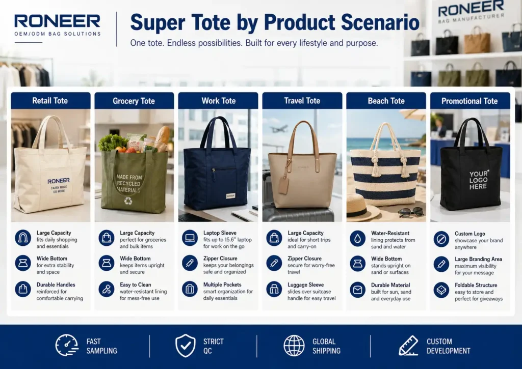 Super tote by product scenario for retail grocery work travel beach and promotional tote bags