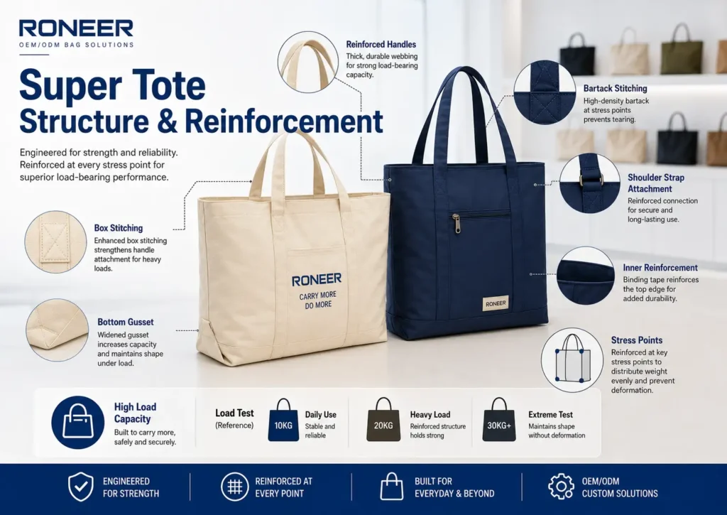 Super tote structure showing reinforced handles bartack stitching bottom gusset and stress point construction