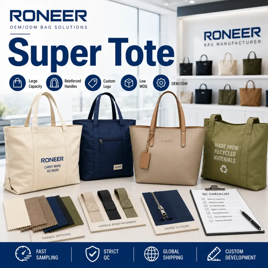 Super tote showing large capacity custom tote bags with reinforced handles logo options materials and OEM ODM production