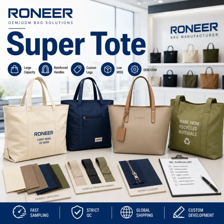 Super tote showing large capacity custom tote bags with reinforced handles logo options materials and OEM ODM production