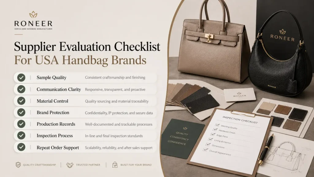 supplier evaluation checklist for custom handbag manufacturer USA brands
