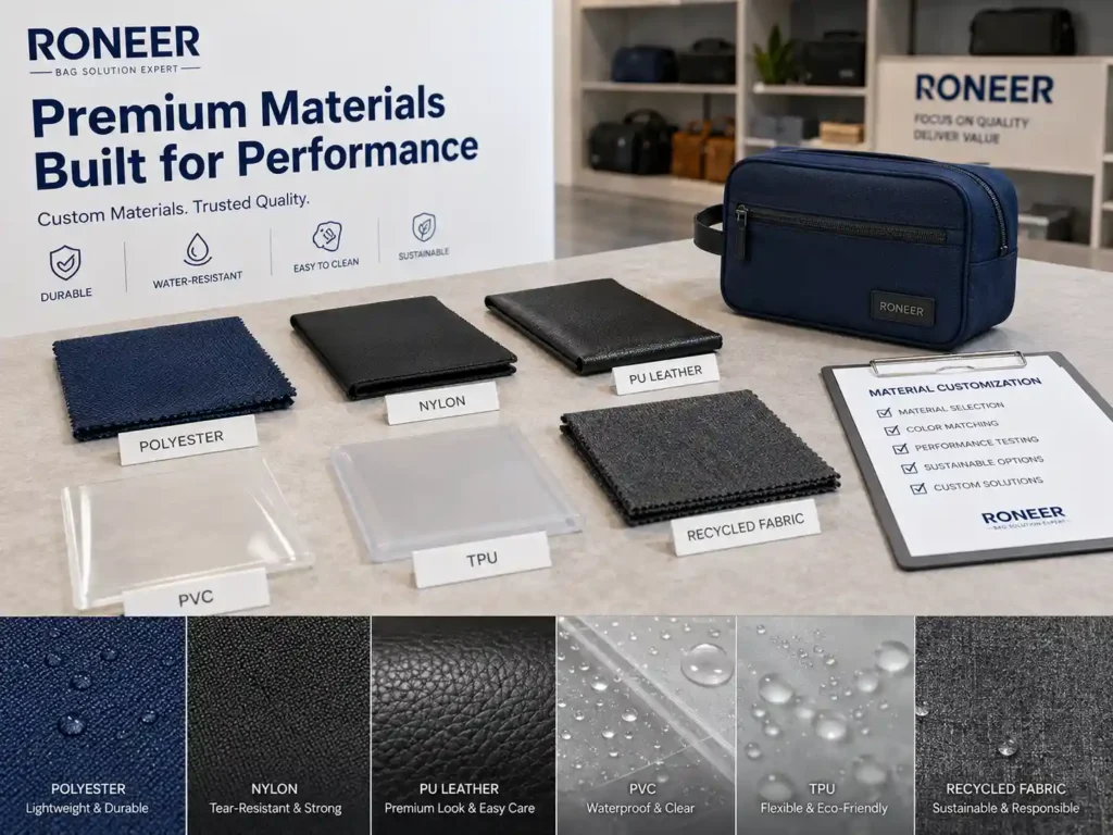 Toiletry bag material customization with nylon polyester PU leather PVC TPU and recycled fabric