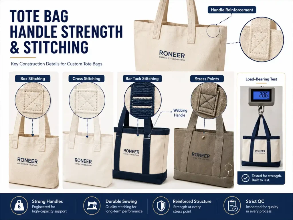 tote bag handle strength and stitching details