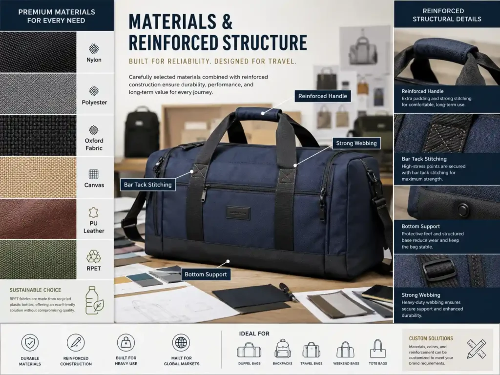 travel bag materials and reinforced structure