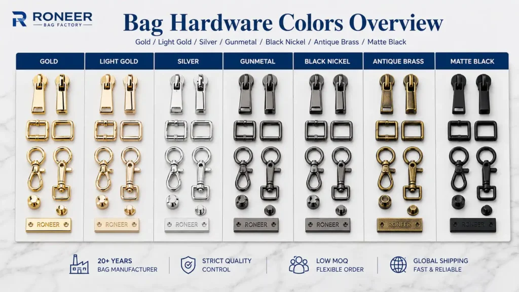 Types of bag hardware colors including gold light gold silver gunmetal black nickel antique brass and matte black