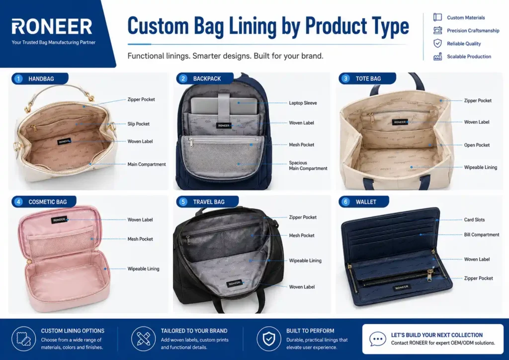 Types of custom bag lining materials including polyester nylon cotton microfiber waterproof and printed lining