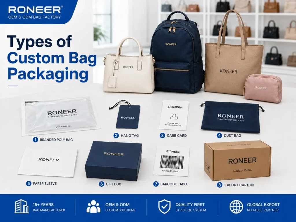 Types of custom bag packaging including poly bags hang tags care cards dust bags gift boxes and cartons