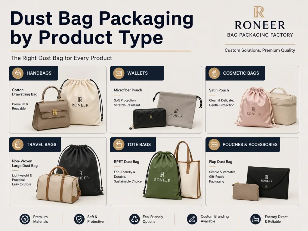 Types of custom dust bag packaging materials including non-woven cotton polyester satin microfiber and RPET