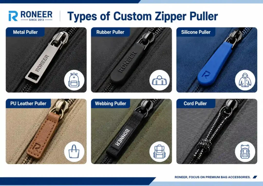 Types of custom zipper puller including metal rubber silicone PU leather webbing and cord pullers