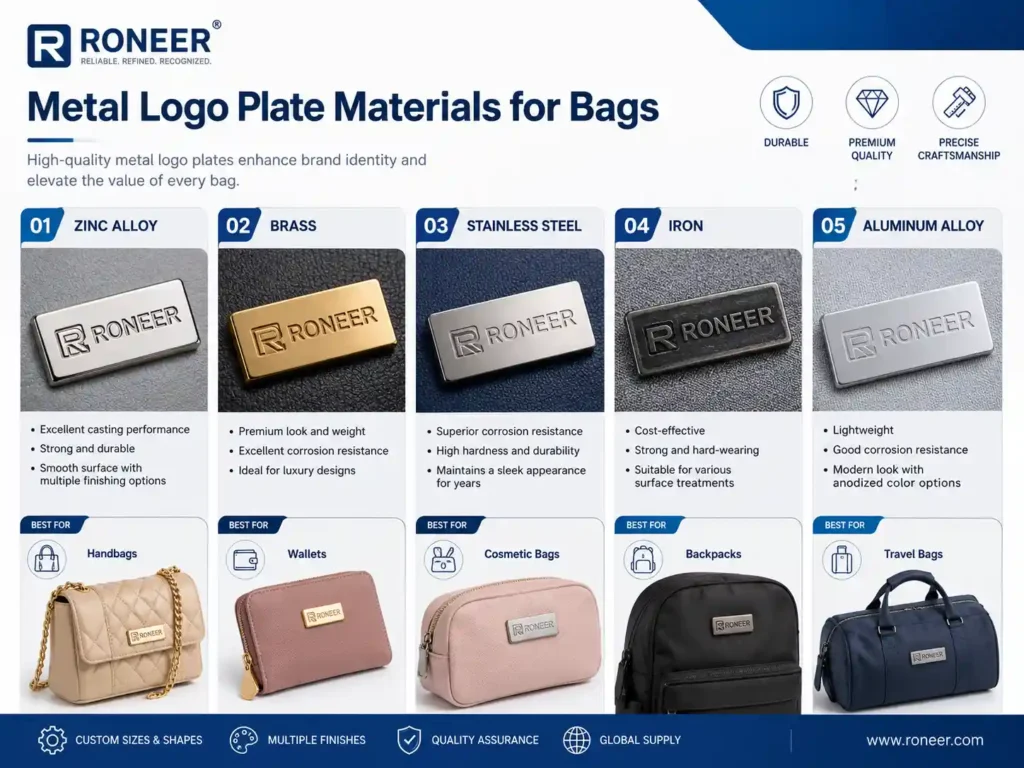 Types of metal logo plates for bags including zinc alloy brass stainless steel iron and aluminum alloy