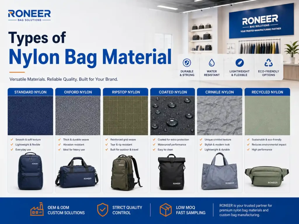 Different types of nylon bag material including Oxford nylon ripstop nylon coated nylon and recycled nylon