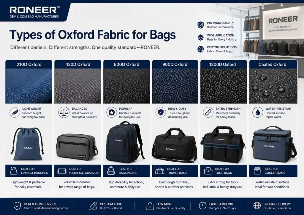 Different types of Oxford fabric for bags including 210D 420D 600D 900D 1200D and coated Oxford fabric