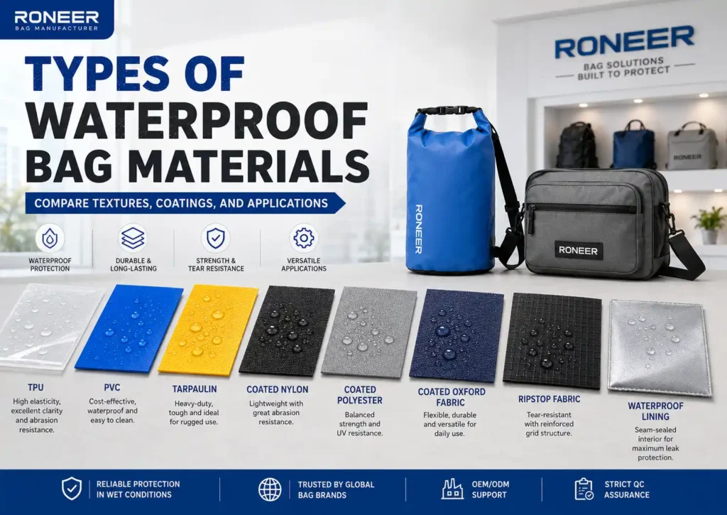Types of waterproof bag materials including TPU PVC tarpaulin coated nylon and coated Oxford fabric