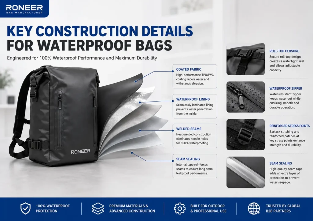 Waterproof bag construction details including waterproof zipper seam sealing welded seams and roll top closure