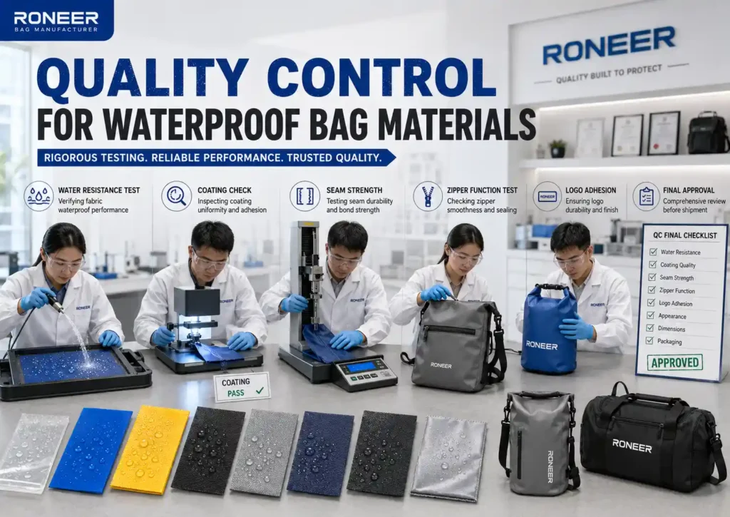 Waterproof bag materials quality control checking coating water resistance seam strength and logo adhesion