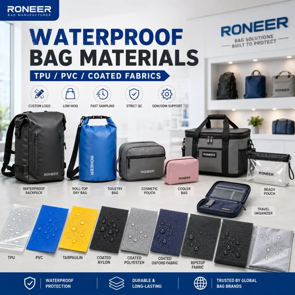 Waterproof bag materials showing TPU PVC tarpaulin coated nylon coated polyester and custom waterproof bags