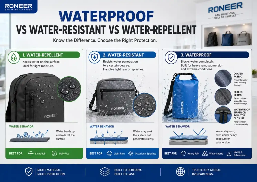 Waterproof vs water resistant vs water repellent bag materials explained with coated fabric and seam construction