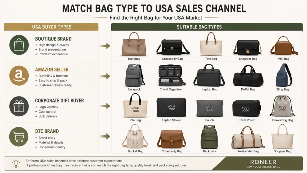 China bag manufacturer for USA market buyer types and sales channels