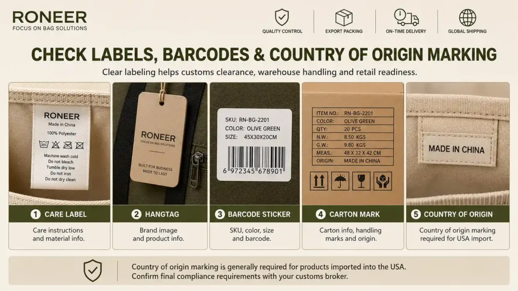 country of origin label and barcode planning for shipping bags from China to USA