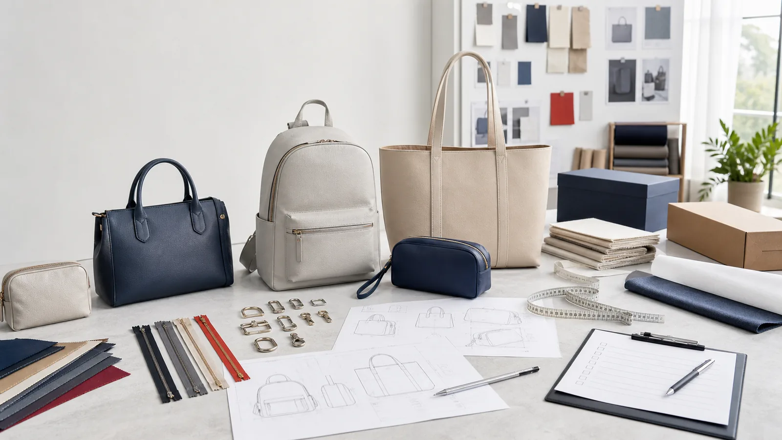 Custom bag manufacturing resources with bag samples, materials, hardware and technical drawings