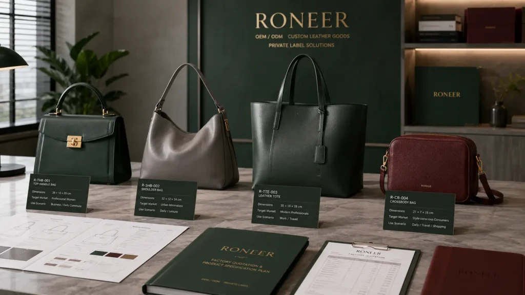 custom leather handbag product specification for factory quotation