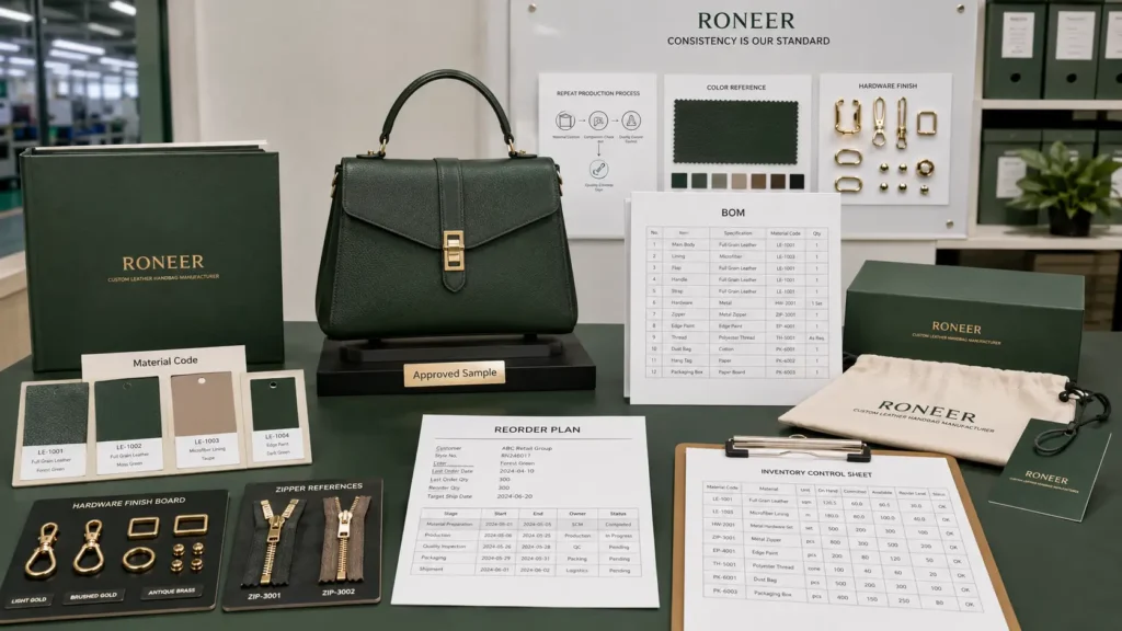 custom leather handbag repeat production and material control