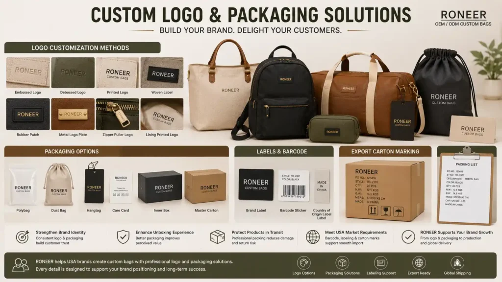 Custom logo and packaging options for China bag manufacturer for USA market buyers