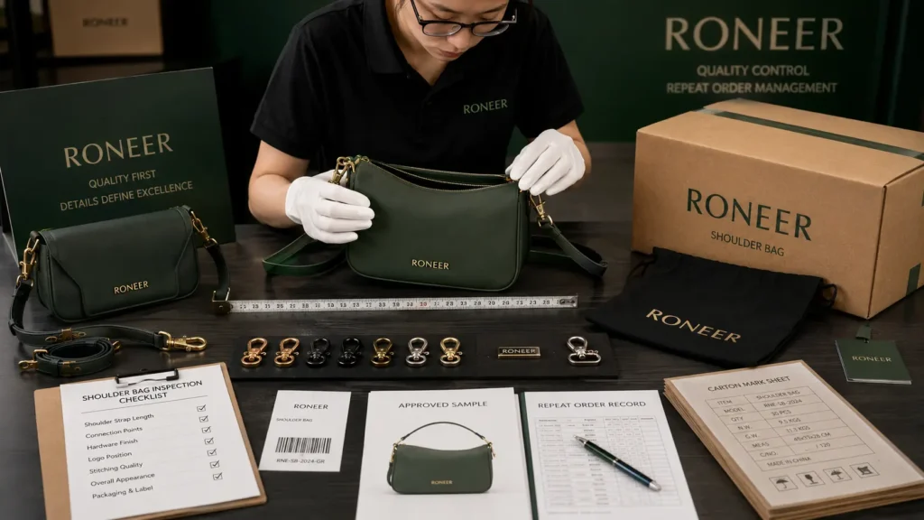 custom shoulder bag quality control and repeat production