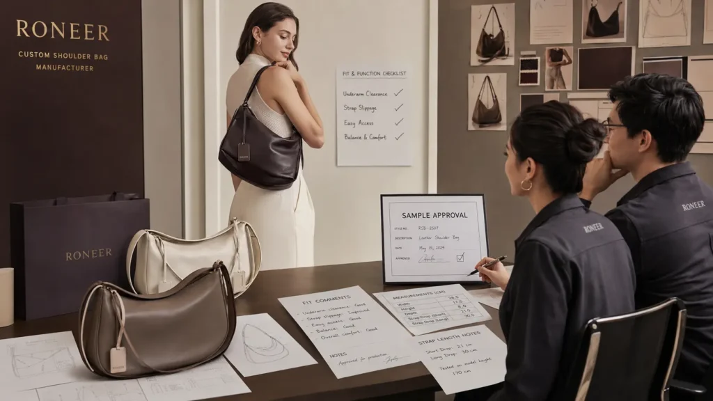 custom shoulder bag sample fitting and approval