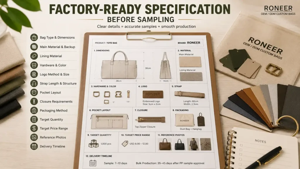 Factory ready specification for China bag manufacturer for USA market sampling