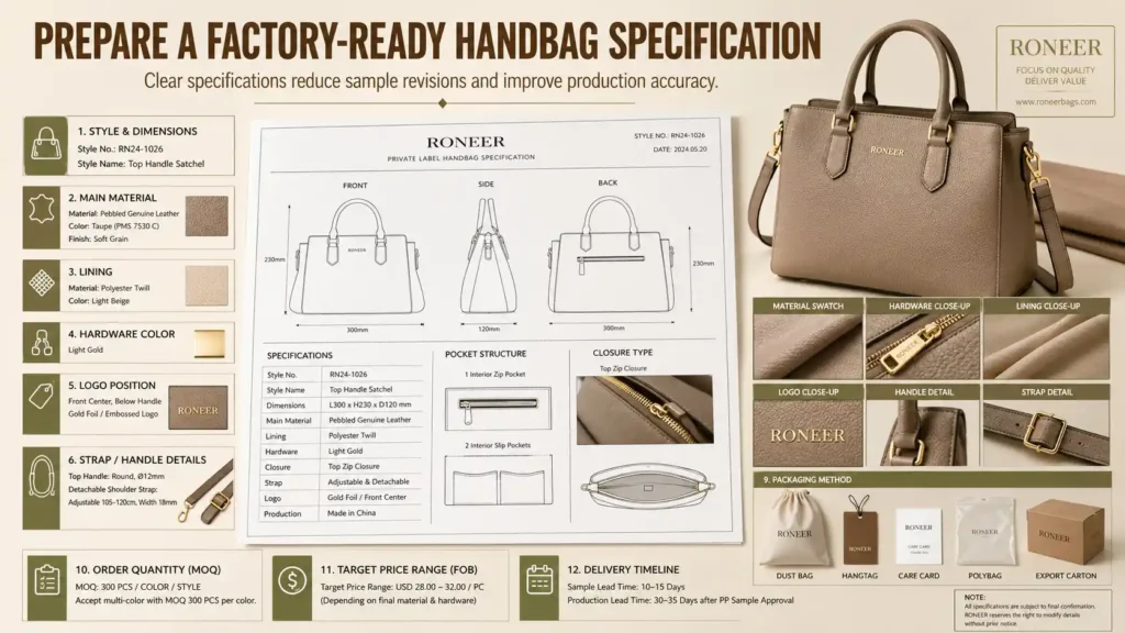 factory ready specification for private label handbag manufacturing