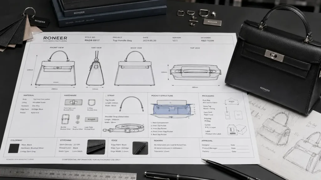 factory ready tech pack for OEM handbag manufacturing process