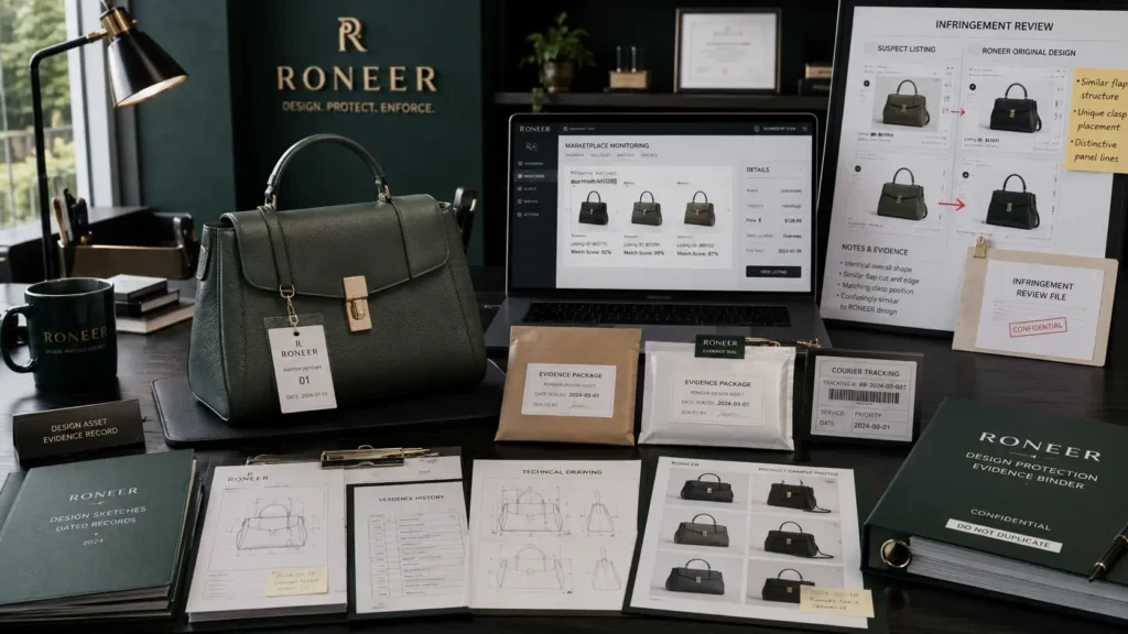 handbag design evidence and infringement monitoring system
