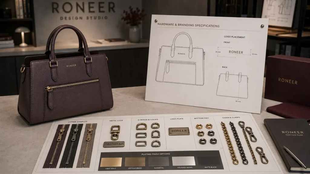 handbag hardware zipper and logo specification