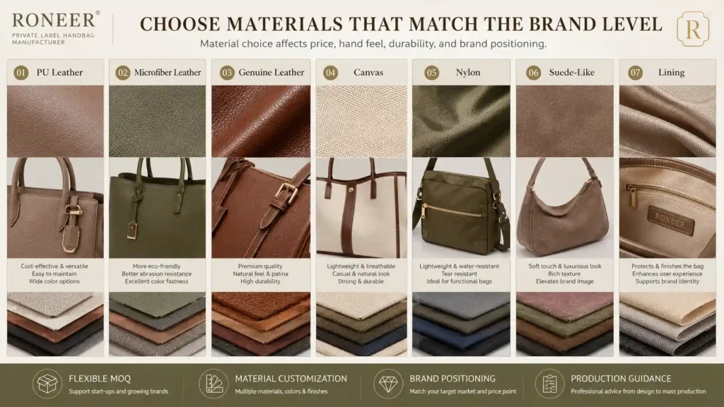 handbag material options for private label handbag manufacturer projects