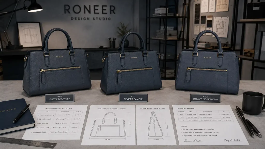 handbag sample revisions and tech pack version control