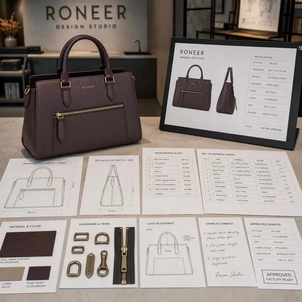 handbag tech pack with technical drawings and material specifications